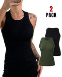 2 Pack Round Neck Thick Strap Racerback Ribbed Tank Slim Fit Tops without Bra Pads