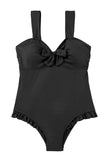 Black Plus Size Textured Knotted Ruffled Trim One Piece Swimwear