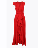 Deep V Neck Ruffle Hem Slit Prom Dress