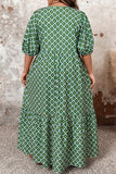 Green Geometric Floral Print Half Sleeve Plus Size Maxi Dress