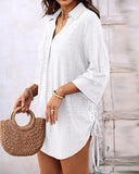 V Neck Roll Up Sleeve Hollow out Drawstring Mini Dress Vacation Dress