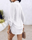 V Neck Roll Up Sleeve Hollow out Drawstring Mini Dress Vacation Dress