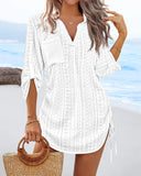 V Neck Roll Up Sleeve Hollow out Drawstring Mini Dress Vacation Dress