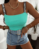 Letter Print Strap Bandeau Sleeveless Tank Causal Slim Fit High Strechy Knit Top