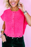 Bright Pink Distressed Hem Short Sleeve Knitted Button Front Sweater