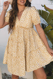 Yellow Floral Short Sleeve V Neck Frilly Tiered Mini Dress