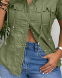 Metal Button Front Short Sleeve Blouse Casual Drawstring Pocket Design Top