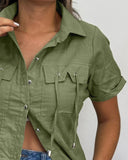 Metal Button Front Short Sleeve Blouse Casual Drawstring Pocket Design Top
