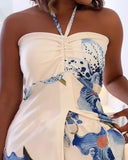 2 Pieces Outfit Floral Print Halter Slit Long Top and Casual Drawstring Shorts Set with Pockets