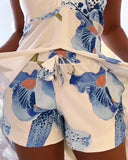 2 Pieces Outfit Floral Print Halter Slit Long Top and Casual Drawstring Shorts Set with Pockets