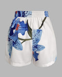 2 Pieces Outfit Floral Print Halter Slit Long Top and Casual Drawstring Shorts Set with Pockets