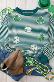 Green Stripe Sequined Clover Drop Shoulder Long Sleeve Casual Top