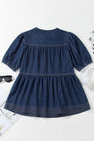 Sail Blue Puff Sleeve Lace-up Neckline Splicing Denim Blouse