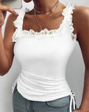 Lace Trim Side Drawstring Ribbed Tank Top