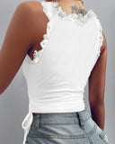 Lace Trim Side Drawstring Ribbed Tank Top