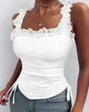 Lace Trim Side Drawstring Ribbed Tank Top