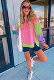 Pink Colorblock Exposed Seam Crewneck Casual Sweatshirt