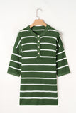 Green Stripe Henley Buttoned Placket Drop Shoulder Bracelet Sleeve Knit Sweater Tee