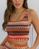 Two Pieces Outfit Geometric Print Tassel Crop Tank Top and Casual Drawstring Shorts Set Matching Set