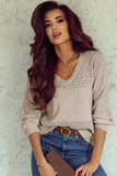 Brown Eyelet Pattern Detail V Neck Drop Shoulder Sweater