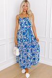 Blue Floral Printed Spaghetti Strap Maxi Dress with Waist Tie