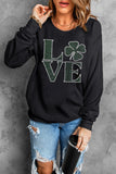 Black Rhinestone LOVE Clover Graphic St Patricks Pullover Sweatshirt