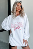 White MAMA Bowknot Embroidered Ribbed Pullover Sweatshirt