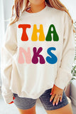 Beige THANKS Printed Crewneck Drop Shoulder Sweatshirt