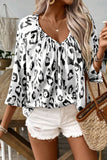 Black Leopard Print Ruched V Neck 3/4 Sleeve Blouse