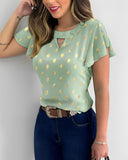 Round Neck Ruffles Short Sleeve Blouse Casual Bronzing Polka Dot Top