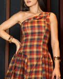 Plaid Print One Shoulder Vacation Dress Casual Cinched Waist A Line Dress