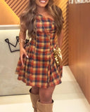 Plaid Print One Shoulder Vacation Dress Casual Cinched Waist A Line Dress