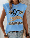 Leopard Print Heart Pattern Cap Sleeve T Shirt Casual Loose Fit Tank Top