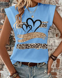 Leopard Print Heart Pattern Cap Sleeve T Shirt Casual Loose Fit Tank Top