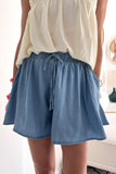 Dusk Blue Drawstring Elastic Waist Wide Leg Denim Shorts