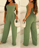 V Neck Spaghetti Strap Shirred Cinch Waist Wide Leg Jumpsuit Elegant Overalls