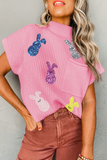 Pink Sequin Bunny Doll Graphic Ribbed High Neck Short Sleeve Sweater