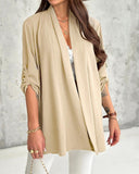 Roll Up Sleeve Casual Coat Open Front Lightweight Cardigan Top