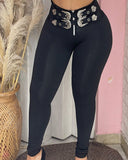 Belted High Waist Skinny Pants Slim Fit Pull On Trousers