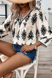 Beige Vintage Geometric Printed 3/4 Sleeve V Neck Blouse