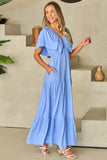 Sky Blue Textured V Neck Flutter Sleeve Ruffled Maxi Dress