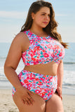 Rose Plus Size Floral Print Twisted High Waist Bikini Set