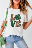 White Cheetah Clover LOVE Graphic St. Patricks Crewneck Tee