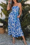 Blue Floral Printed Spaghetti Strap Maxi Dress with Waist Tie