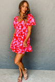 Red Floral Bubble Sleeve Sweetheart Neck Ruffled Mini Dress