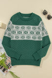 Green Christmas Snowflake Dotted Print Round Neck Sweater