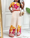 2 Pieces Outfit Tribal Print Round Neck Short Sleeve Top and Casual Wide Leg Pants Set