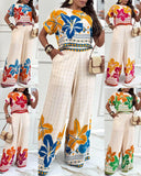 2 Pieces Outfit Tribal Print Round Neck Short Sleeve Top and Casual Wide Leg Pants Set