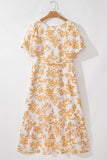 Apricot Floral Print Puff Short Sleeve Resort Plus Size Maxi Dress