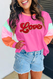 Rose Red Chenille Love Patched Colorblock Long Sleeve Crewneck Top